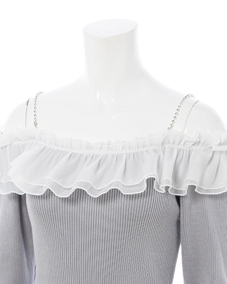 INGNI（イング） ラインストーンチェーンオフショルフリルニット ｸﾞﾚｰ/ｵﾌﾎﾜｲﾄ