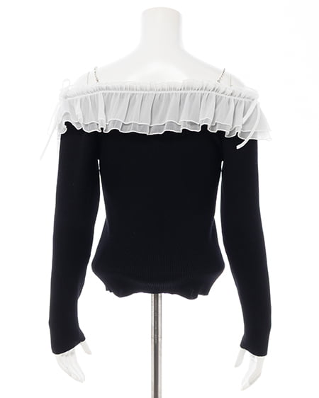 INGNI（イング） ラインストーンチェーンオフショルフリルニット ｸﾛ/ｵﾌﾎﾜｲﾄ