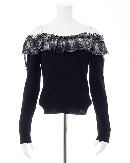 INGNI（イング） ラインストーンチェーンオフショルフリルニット ｸﾛ/ｸﾛﾁｪｯｸ