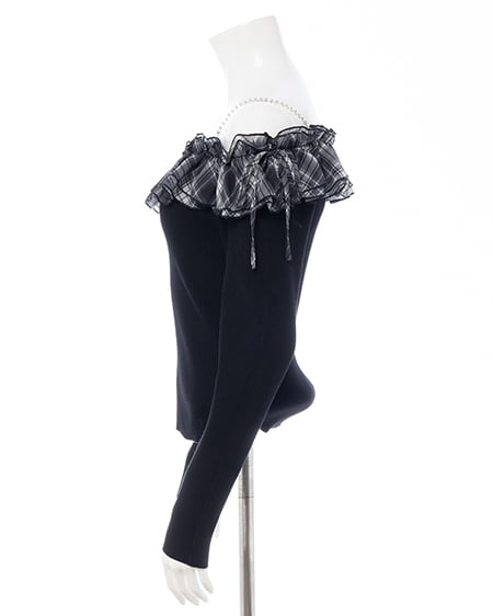 INGNI（イング） ラインストーンチェーンオフショルフリルニット ｸﾛ/ｸﾛﾁｪｯｸ