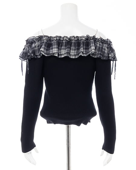 INGNI（イング） ラインストーンチェーンオフショルフリルニット ｸﾛ/ｸﾛﾁｪｯｸ