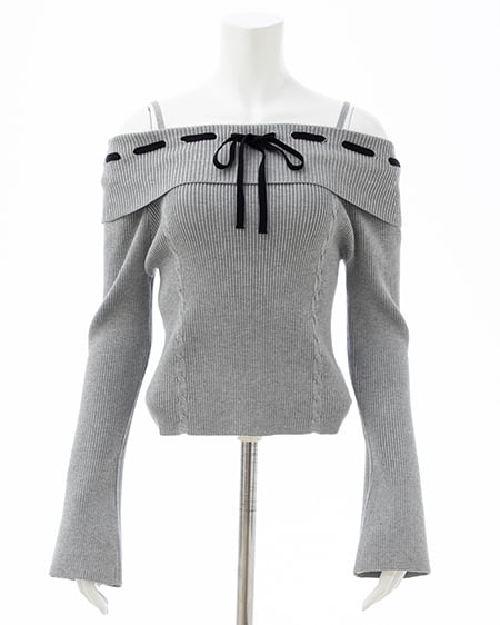 INGNI(イング) リボンオフショルフレアスリーブニット グレー/クロ