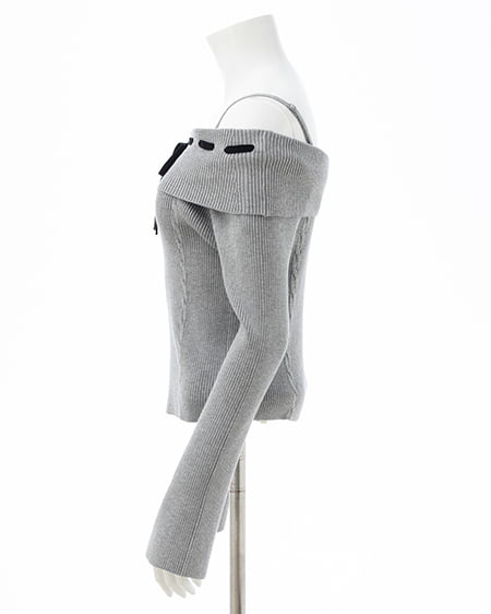 INGNI(イング) リボンオフショルフレアスリーブニット グレー/クロ