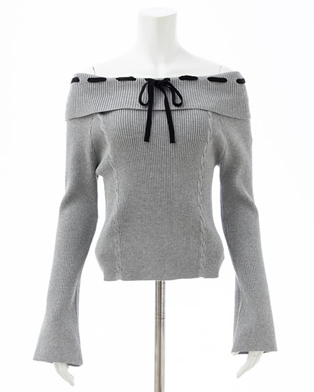 INGNI(イング) リボンオフショルフレアスリーブニット グレー/クロ