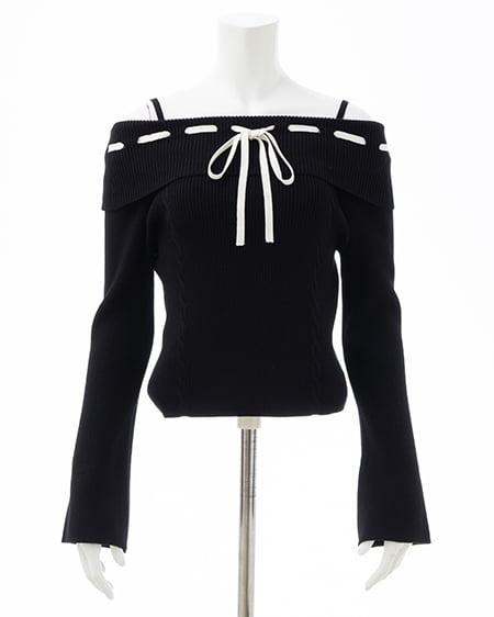 INGNI(イング) リボンオフショルフレアスリーブニット クロ/オフホワイト