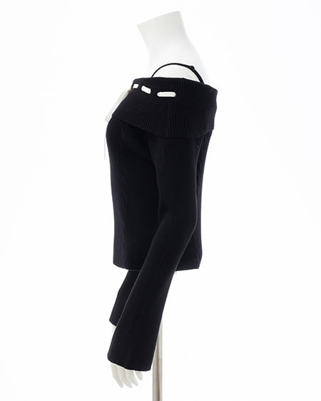 INGNI(イング) リボンオフショルフレアスリーブニット クロ/オフホワイト