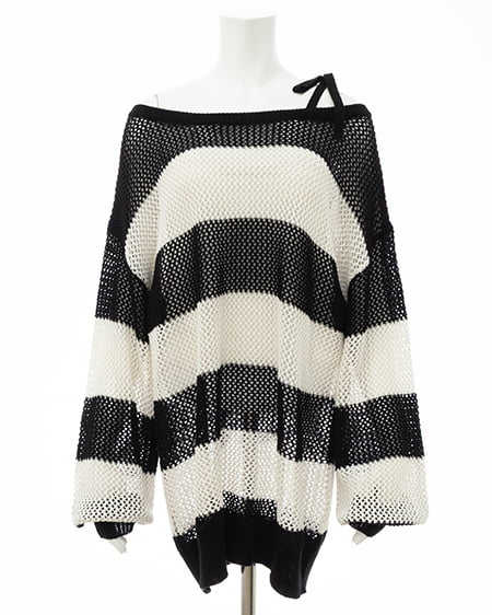 INGNI（イング） メッシュボーダーチュニックニット ｸﾛ/ｵﾌﾎﾜｲﾄ