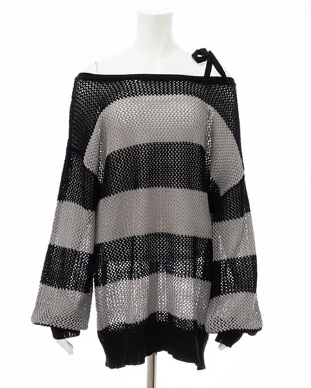 INGNI（イング） メッシュボーダーチュニックニット ｸﾛ/ｸﾞﾚｰ