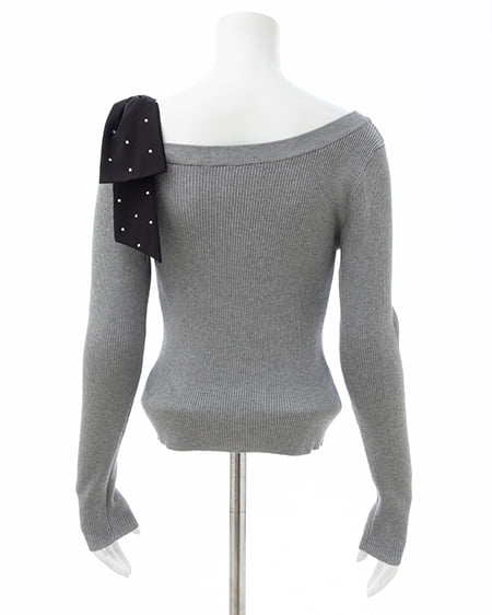 INGNI(イング) ワンショルビジュー付肩リボンニット グレー