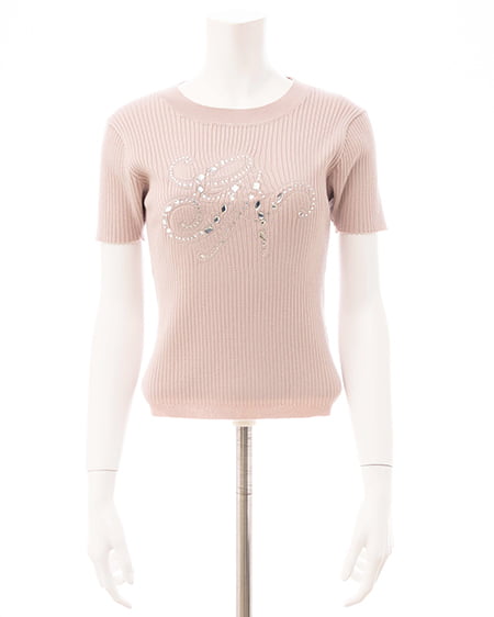 INGNI(イング) イニシャルビジューロゴ半袖リブニット ピンク