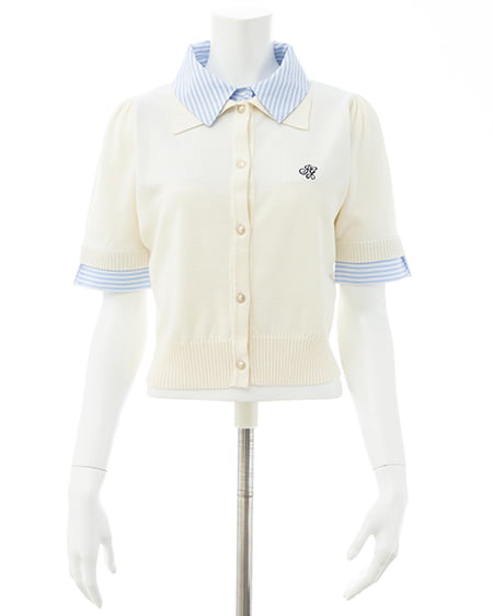 INGNI(イング) Wカラー配色半袖ポロニット オフホワイト/ブルーストライプ