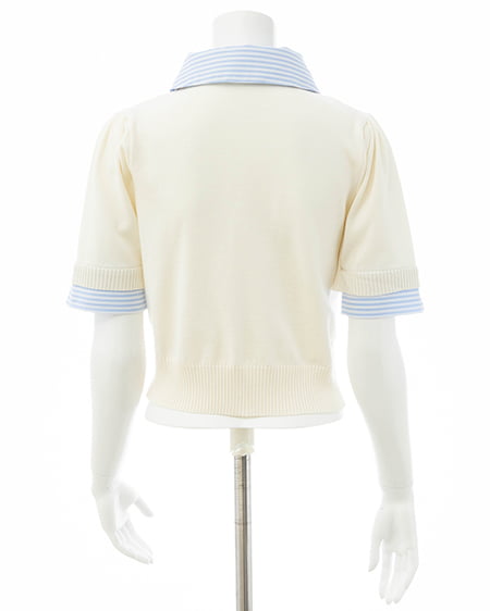 INGNI(イング) Wカラー配色半袖ポロニット オフホワイト/ブルーストライプ