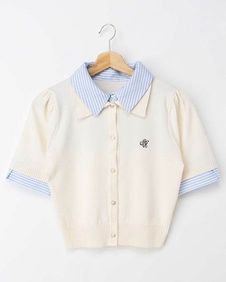 Wカラー配色半袖ポロニット