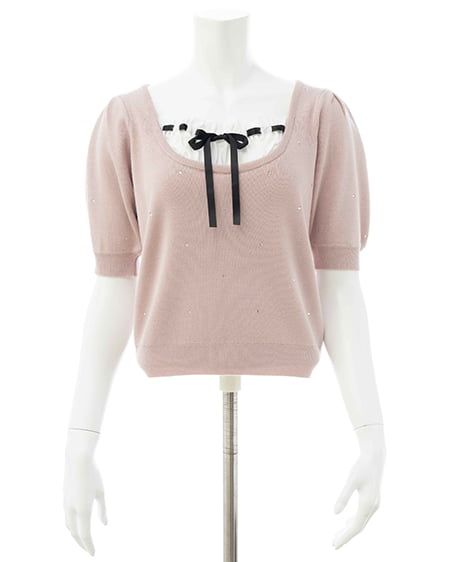 INGNI(イング) ビジュー飛ばしレイヤード風ニット ピンク/オフホワイト