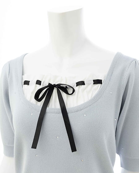 INGNI(イング) ビジュー飛ばしレイヤード風ニット サックス/オフホワイト