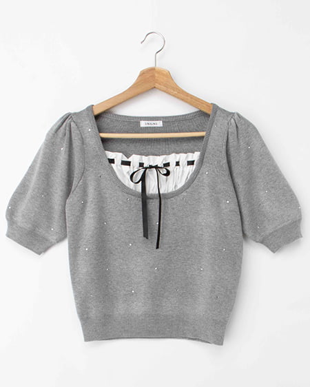 ビジュー飛ばしレイヤード風ニット