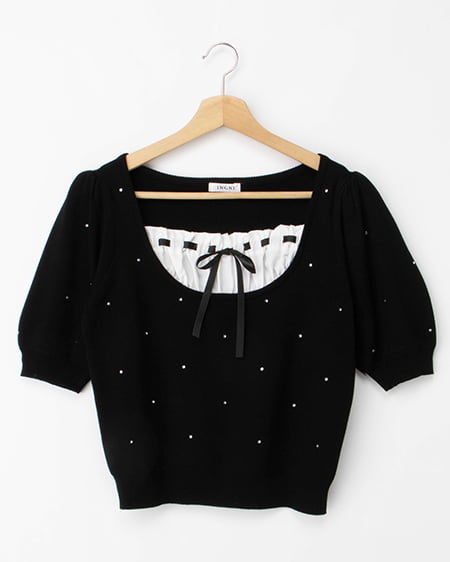 ビジュー飛ばしレイヤード風ニット