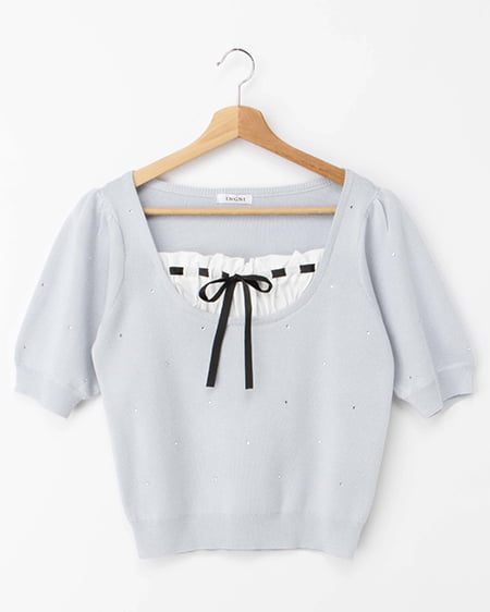 ビジュー飛ばしレイヤード風ニット