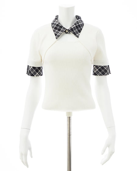 INGNI（イング） チェック襟デコルテオープン半袖ニット ｵﾌﾎﾜｲﾄ/ｸﾛﾁｪｯｸ