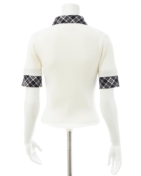 INGNI（イング） チェック襟デコルテオープン半袖ニット ｵﾌﾎﾜｲﾄ/ｸﾛﾁｪｯｸ