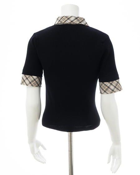 INGNI（イング） チェック襟デコルテオープン半袖ニット ｸﾛ/ﾍﾞｰｼﾞｭﾁｪｯｸ