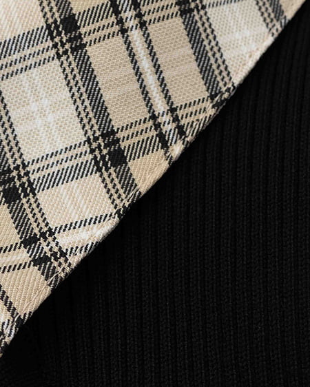 INGNI（イング） チェック襟デコルテオープン半袖ニット ｸﾛ/ﾍﾞｰｼﾞｭﾁｪｯｸ