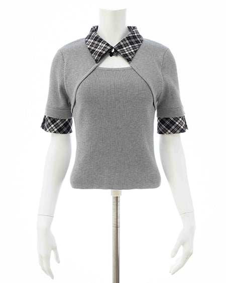 INGNI（イング） チェック襟デコルテオープン半袖ニット ｸﾞﾚｰ/ｸﾛﾁｪｯｸ