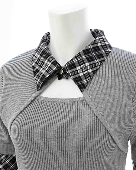 INGNI（イング） チェック襟デコルテオープン半袖ニット ｸﾞﾚｰ/ｸﾛﾁｪｯｸ