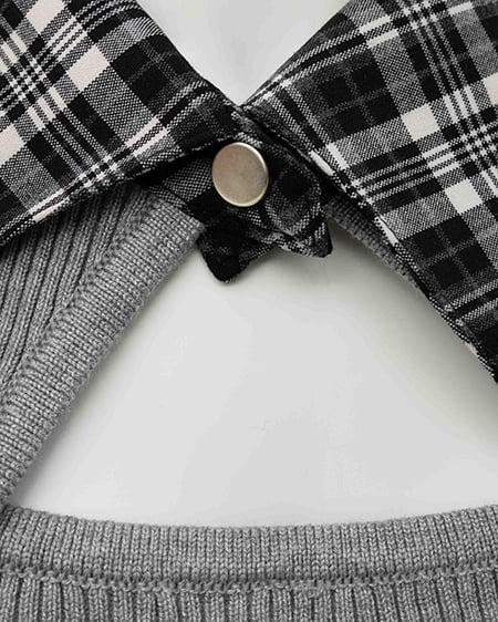 INGNI（イング） チェック襟デコルテオープン半袖ニット ｸﾞﾚｰ/ｸﾛﾁｪｯｸ