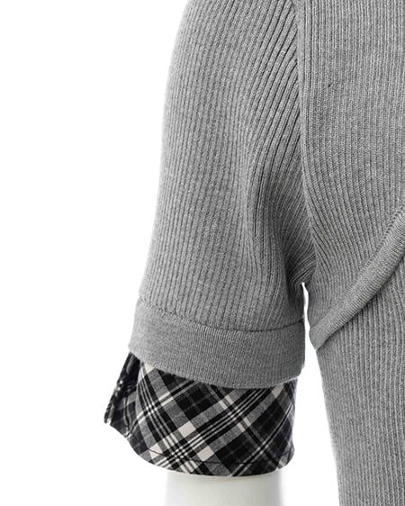 INGNI（イング） チェック襟デコルテオープン半袖ニット ｸﾞﾚｰ/ｸﾛﾁｪｯｸ
