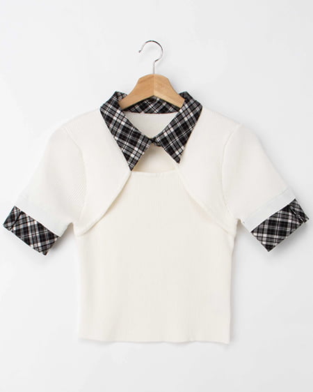 INGNI(イング) チェック襟デコルテオープン半袖ニット オフホワイト/クロチェック