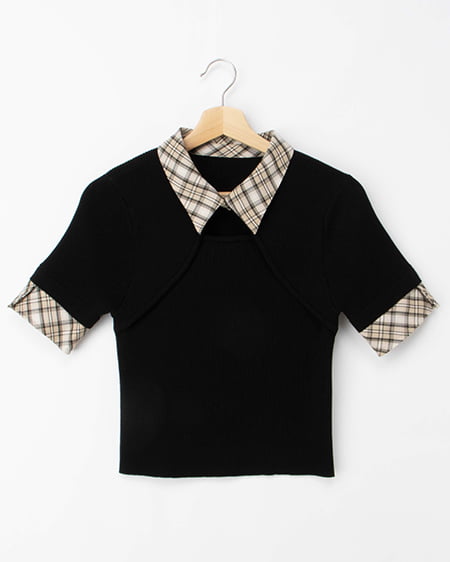 チェック襟デコルテオープン半袖ニット