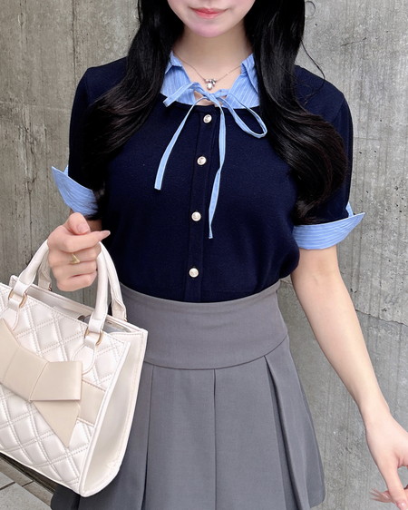 シャツレイヤード風半袖ニット