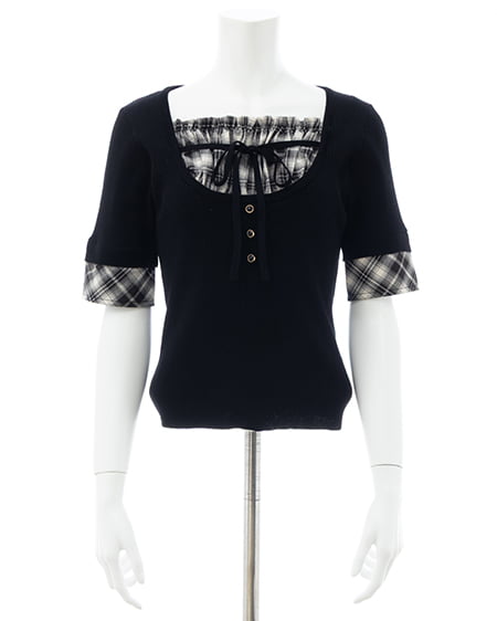 INGNI（イング） チェックシャツレイヤード風半袖ニット ｸﾛ/ｸﾛﾁｪｯｸ