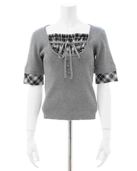 INGNI(イング) チェックシャツレイヤード風半袖ニット グレー/クロチェック