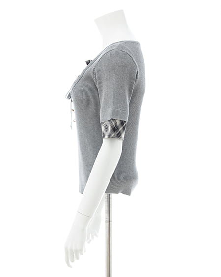 INGNI(イング) チェックシャツレイヤード風半袖ニット グレー/クロチェック