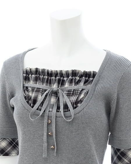 INGNI(イング) チェックシャツレイヤード風半袖ニット グレー/クロチェック