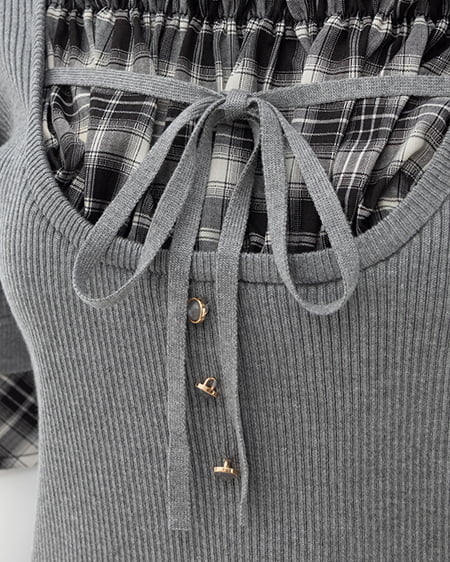 INGNI(イング) チェックシャツレイヤード風半袖ニット グレー/クロチェック