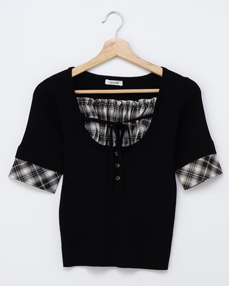チェックシャツレイヤード風半袖ニット