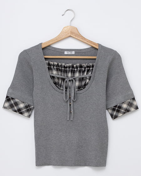 チェックシャツレイヤード風半袖ニット