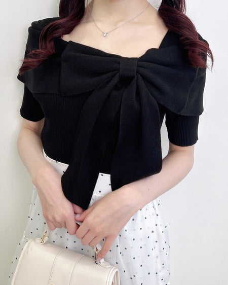 リボンオフショル半袖ニット