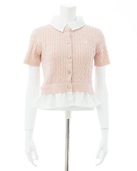 INGNI（イング） ケーブル柄裾シャツ半袖ニット ﾋﾟﾝｸ/ｵﾌﾎﾜｲﾄ