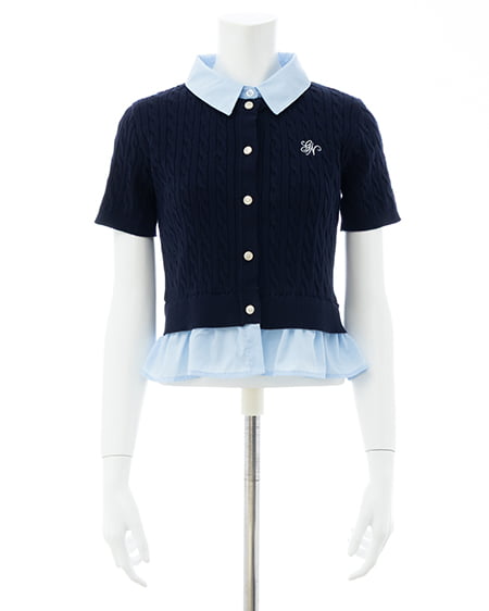 INGNI（イング） ケーブル柄裾シャツ半袖ニット ｺﾝ/ﾌﾞﾙｰ