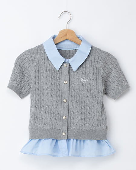 ケーブル柄裾シャツ半袖ニット