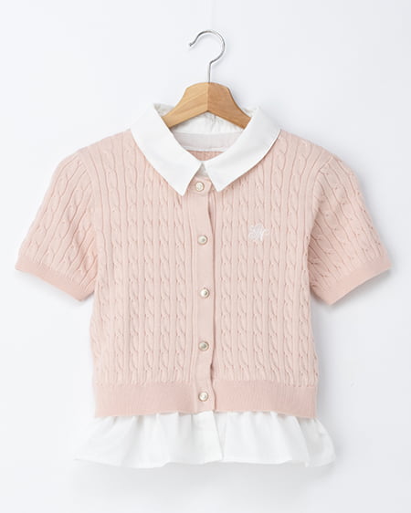 ケーブル柄裾シャツ半袖ニット