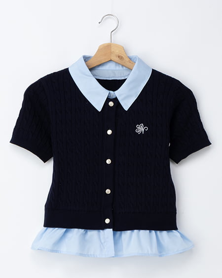 ケーブル柄裾シャツ半袖ニット