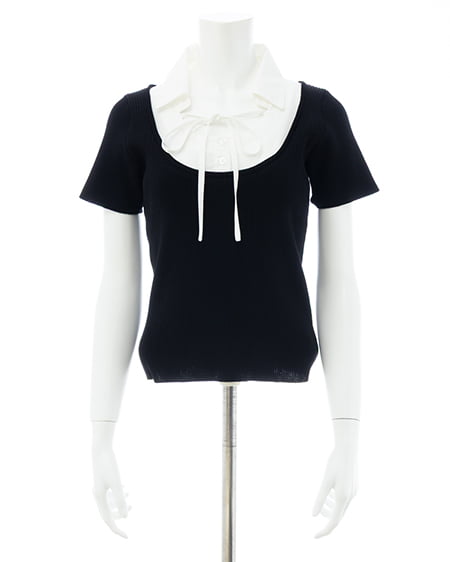 INGNI（イング） アソート柄シャツドッキング半袖リブニット ｸﾛ/ｵﾌﾎﾜｲﾄ