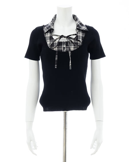 INGNI（イング） アソート柄シャツドッキング半袖リブニット ｸﾛ/ｸﾛﾁｪｯｸ