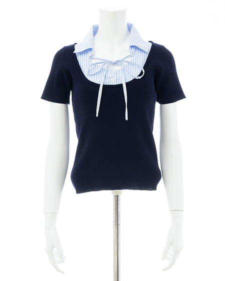 INGNI（イング） アソート柄シャツドッキング半袖リブニット ｺﾝ/ﾌﾞﾙｰｽﾄﾗｲﾌﾟ