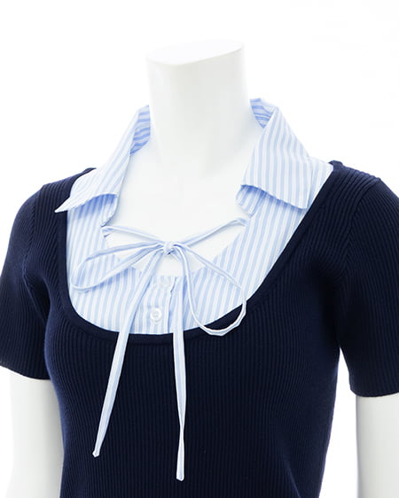 INGNI（イング） アソート柄シャツドッキング半袖リブニット ｺﾝ/ﾌﾞﾙｰｽﾄﾗｲﾌﾟ